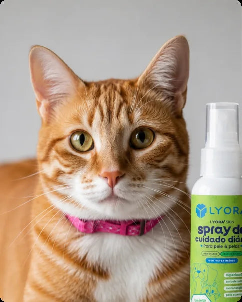 Gato laranja ao lado do frasco LYORA³ Skin Spray